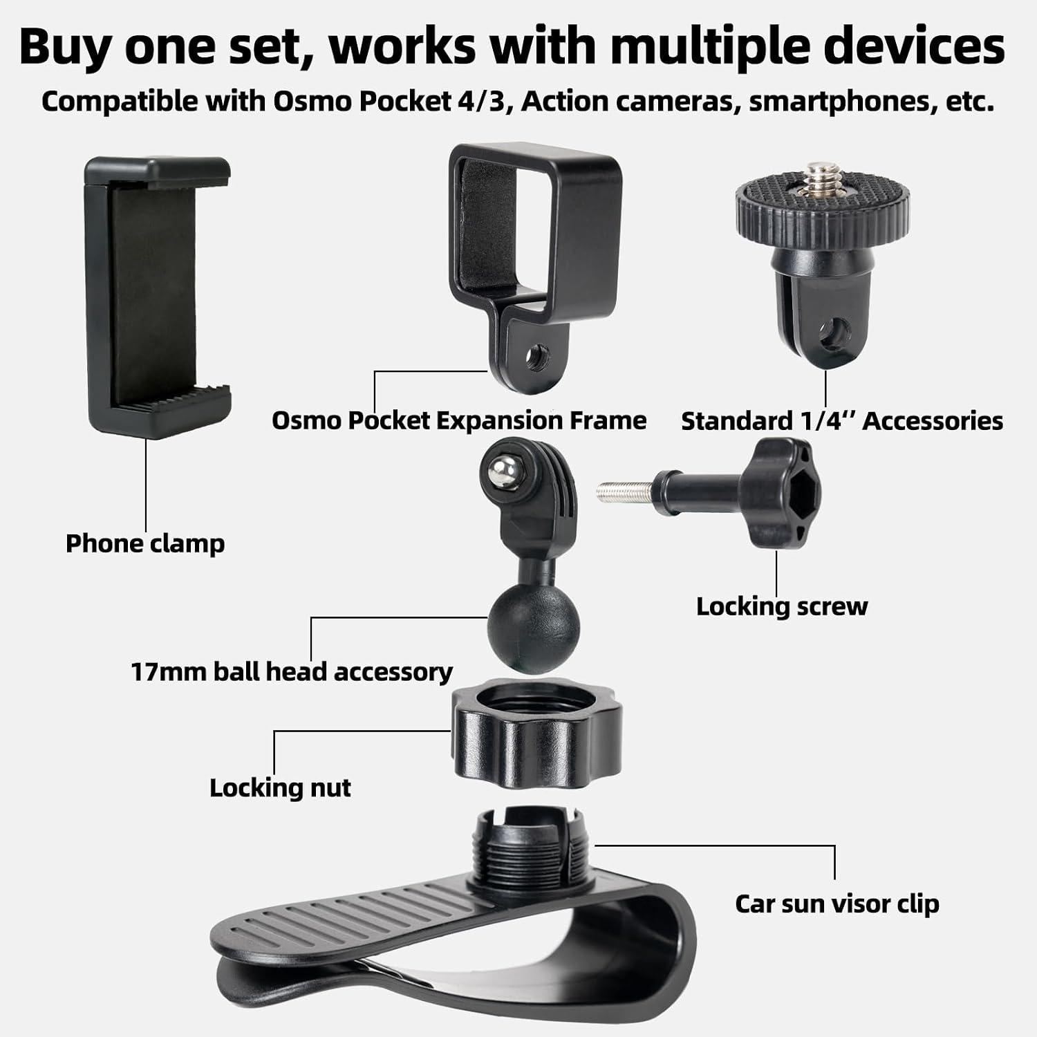 Car Visor Camera Mount for DJI Osmo Pocket 4/3, 360° Adjustable Dashboard Quick-Install Clip Holder, Vlog Kit for Driving POV Videos, Travel Vlogging, Road Recording, and Rear Seat Shooting
