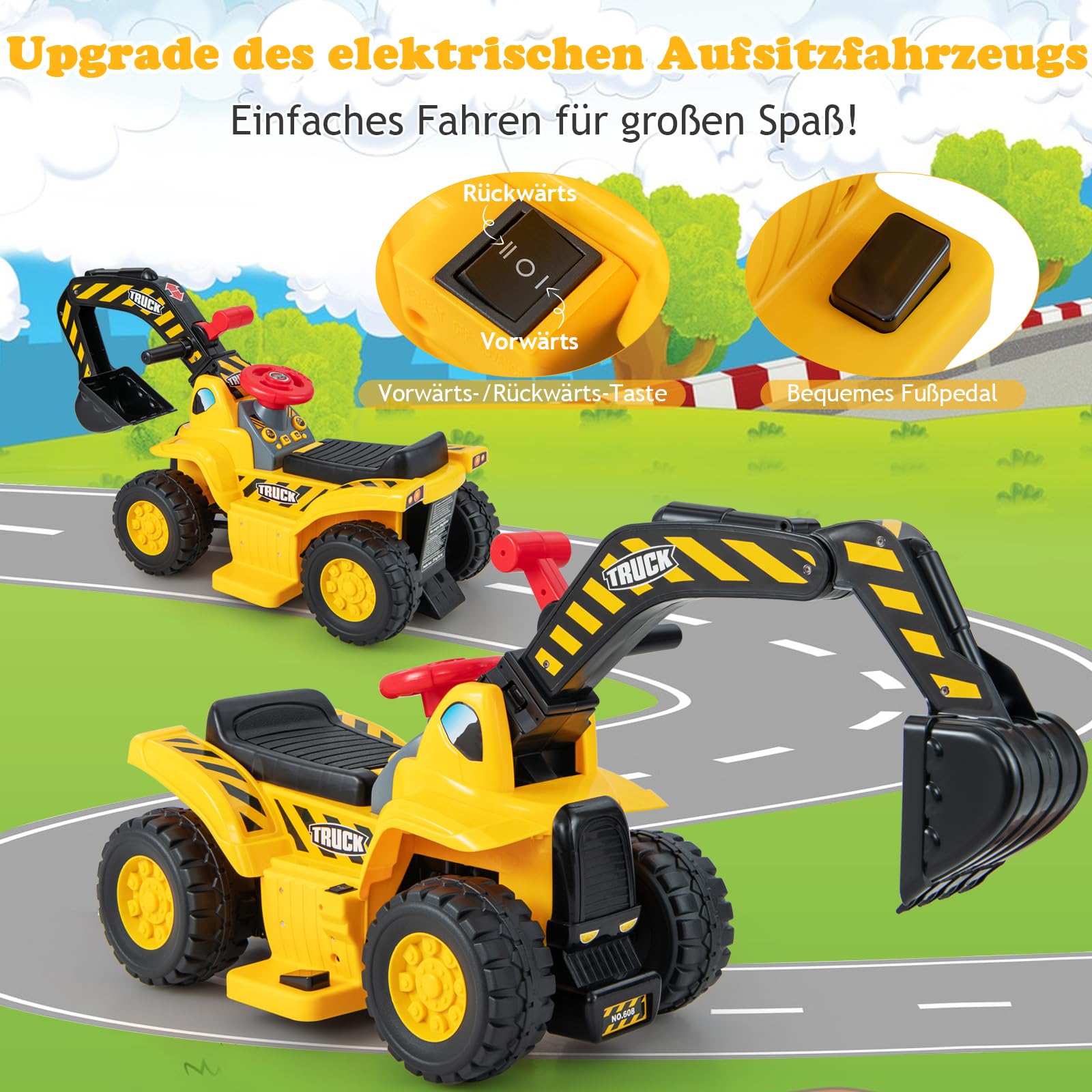 DREAMADE Bagger zum draufsitzen, Elektro Sitzbagger mit internem Stauraum, Kinderbagger mit Basketballkorb & Sound & Hupe & 3 Bällen, Sandbagger Aufsitzbagger für Kinder ab 2 Jahren