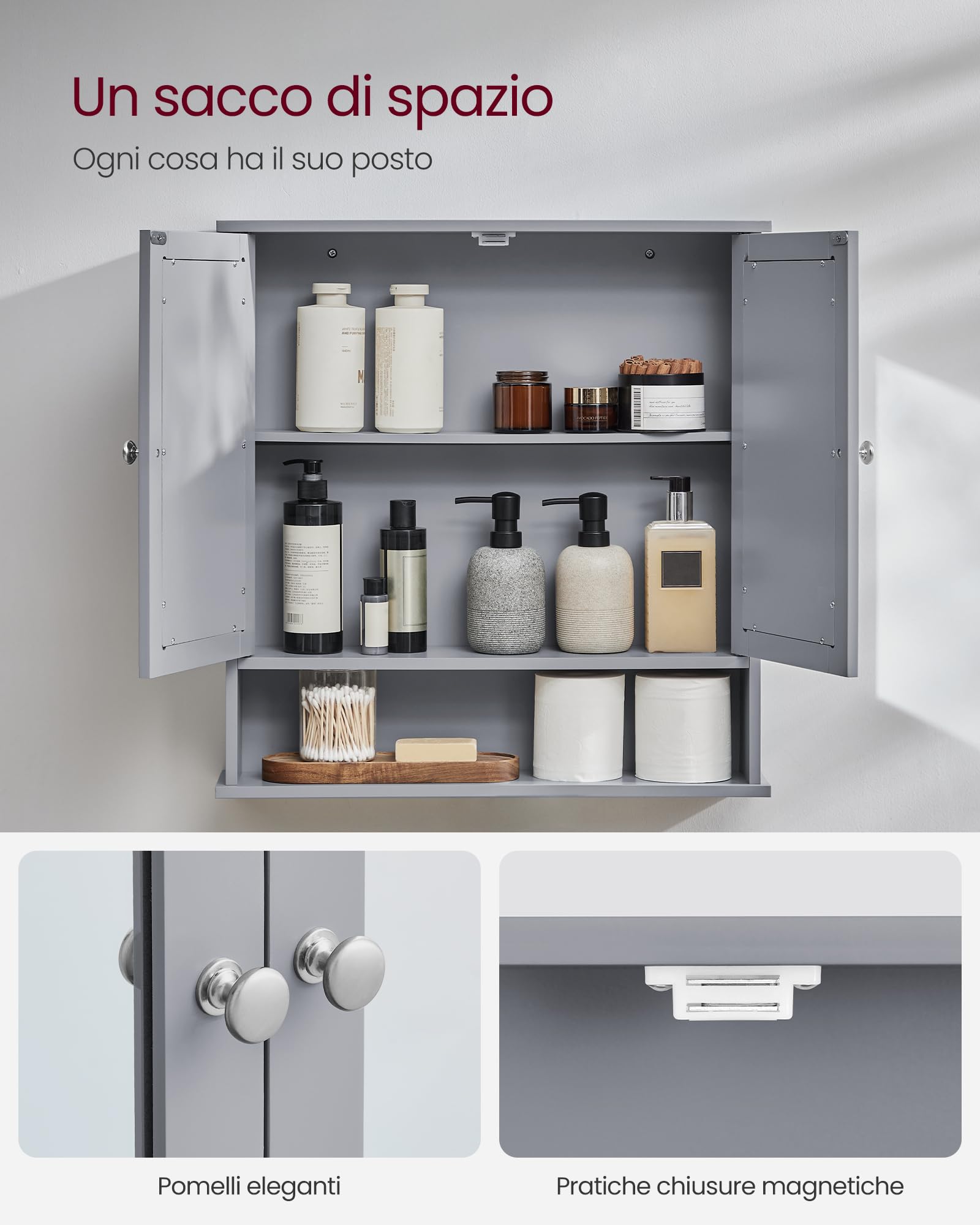VASAGLE Armadio da parete, mobile da bagno, armadio da appendere, 2 ante a specchio e scomparto aperto, ripiano regolabile, 13 x 56,5 x 58,5 cm, grigio tortora LHC002G02