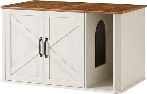 Feandrea Caja de arena moderna para gatos, muebles ocultos, entrada frontal, puertas dobles, asas, casa de gato, mesa auxiliar lateral, 33.5 x 19 x