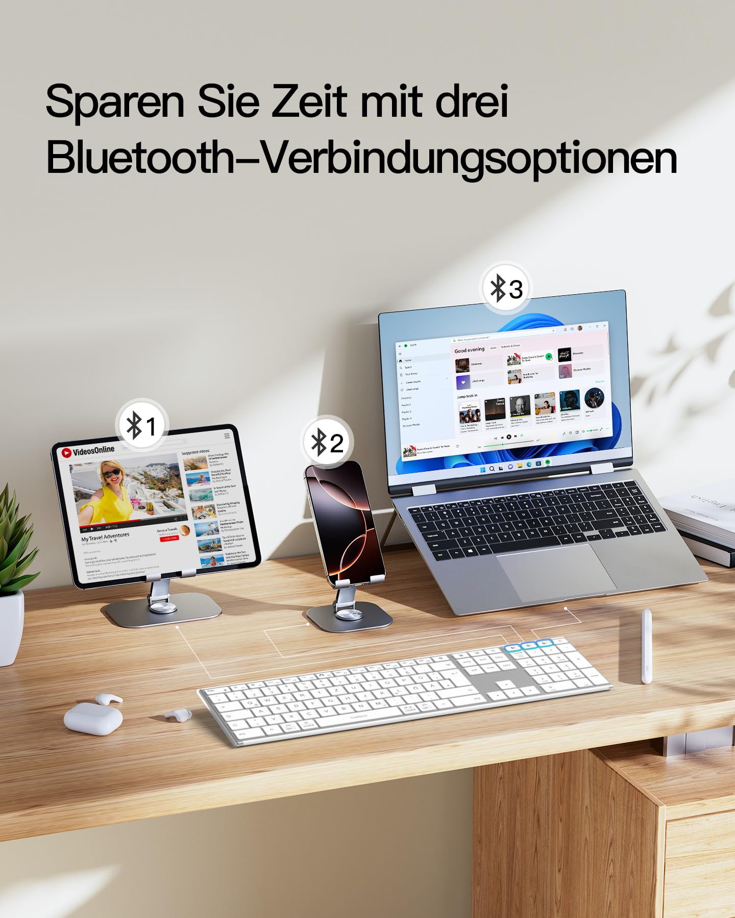 Inateck Kabellose Tastatur,KI-Funktion Bluetooth Tastatur mit 3 Bluetooth Kanälen,Deutsches QWERTZ Layout,Leise Tasten, Kompatibel mit iPadOS Android, Windows,KB06007