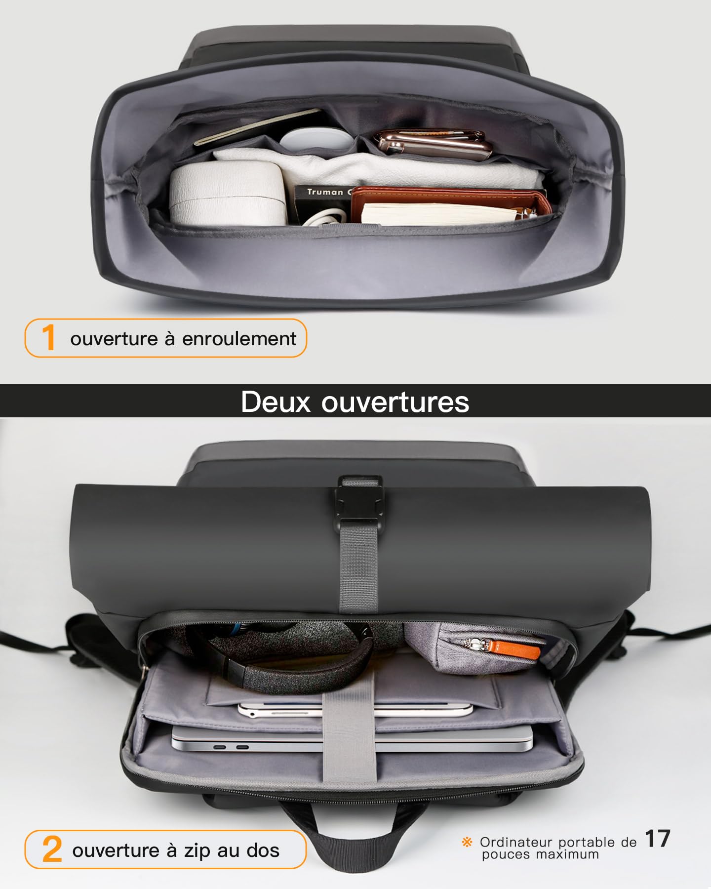 Inateck Sac à Dos Rolltop 25-30L Extensible, Vélo Voyage Loisir, Noir | Homme Femme, 17 Pouces PC, Anti-éclaboussures, Prise écouteurs, Zip accès rapide, Voyage Travail