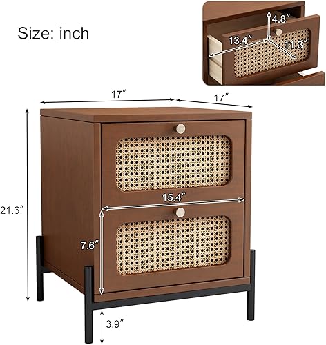 Miniatura 2 de Mesita de noche moderna con 2 cajones, mesa auxiliar de madera de ratán Cannage, mesitas de noche con patas de metal para dormitorio, sala de estar,