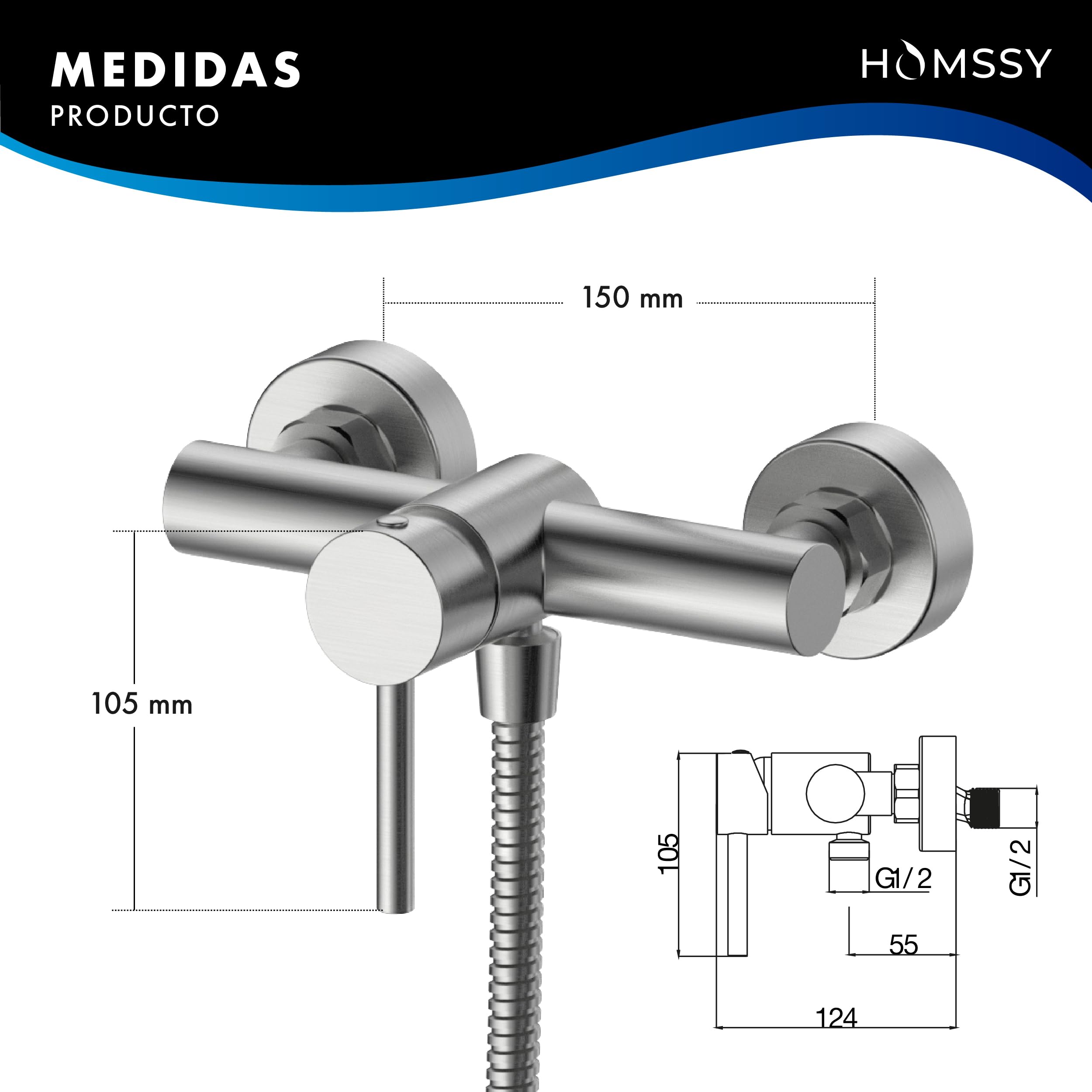 Grifo Ducha Monomando Inox Cepillado – Set Completo con Mango, Flexo 1,75 m y Soporte, Acero Inoxidable, Cartucho Cerámico, Instalación Estándar 1/2"
