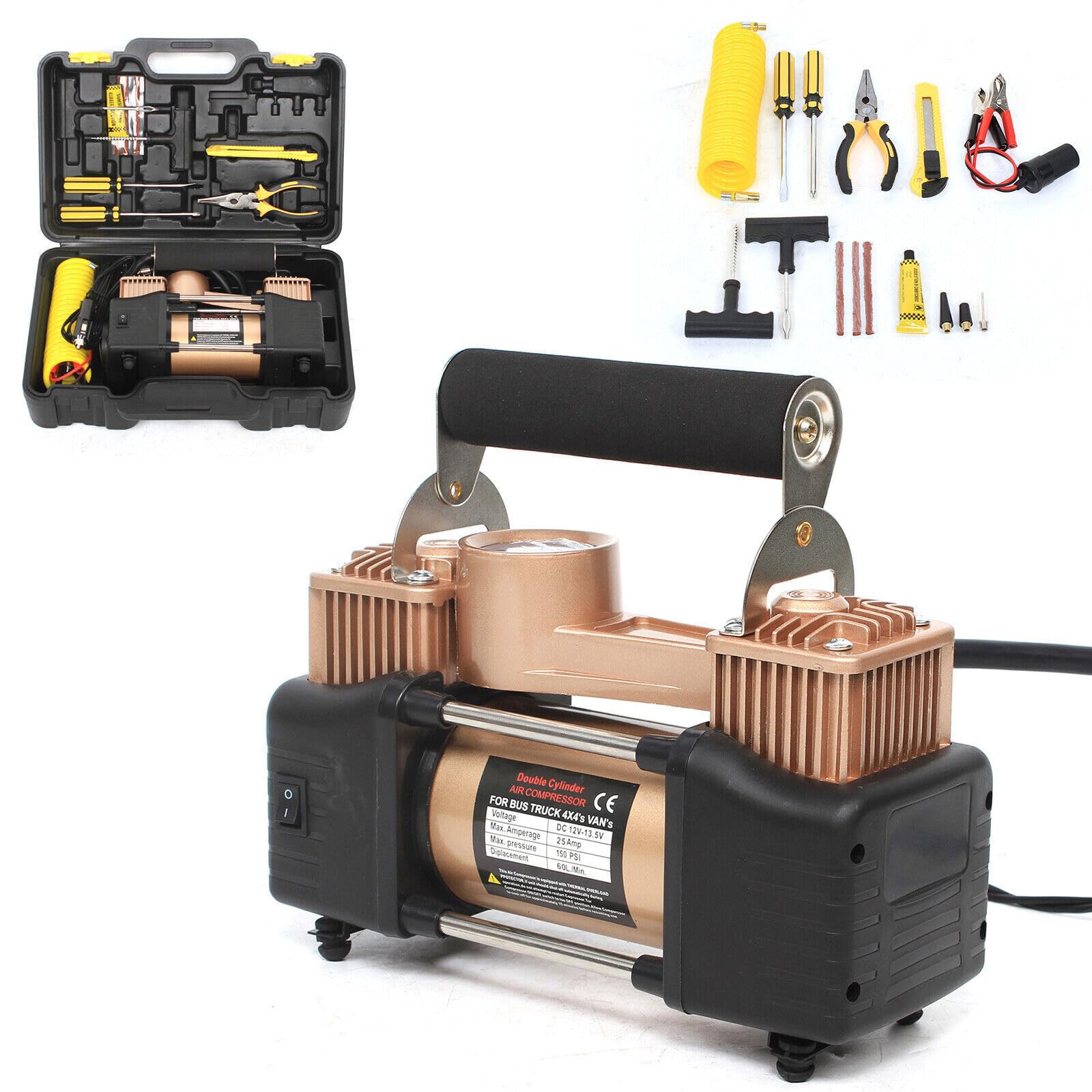 YINZINR Portable Tire Inflator, 150 PSI Heavy Duty Air Tire Pump Inflator Car Truck Double Cylinder Compressor, with Tire Repair Kit and Toolbox, for SUVs, Off-Road, Trailer, Truck, Bike, Air Bed