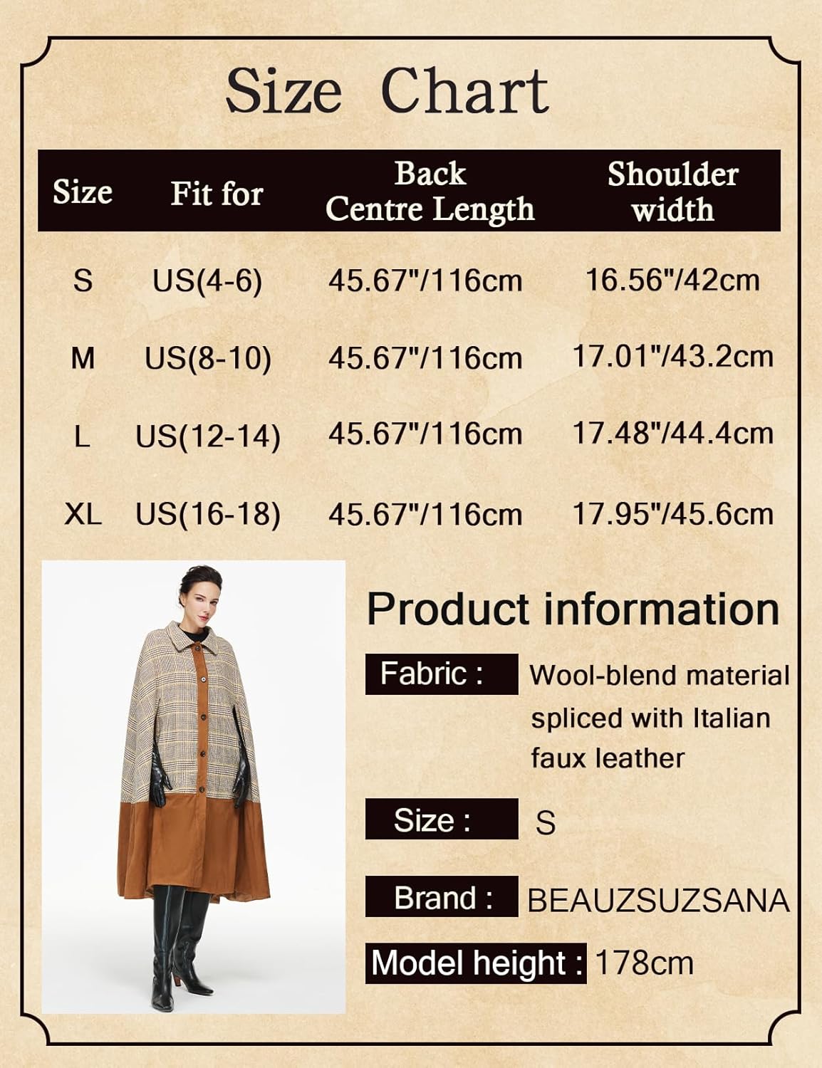 Women Vintage Wool Blend Plaid Cape Coat with Italy Leather Patchwork Design British Style for Winter Fall - Image 6