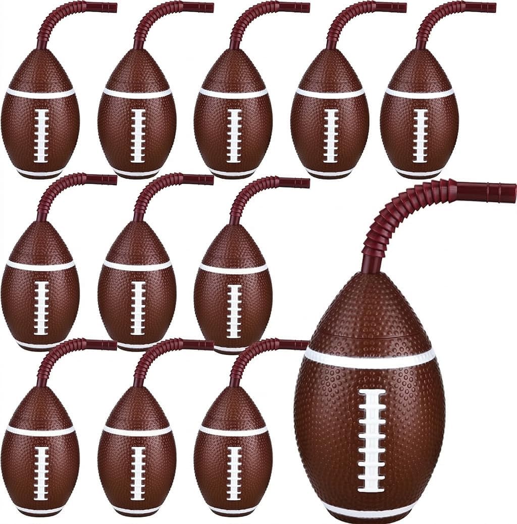 Haundry 12 Pack Football Party Cups with Lids and Straws, 10 oz Reusable Plastic Football Ball Party Cups for Game Day, Super Bowl Party Sports Theme Birthday Party Favors Supplies