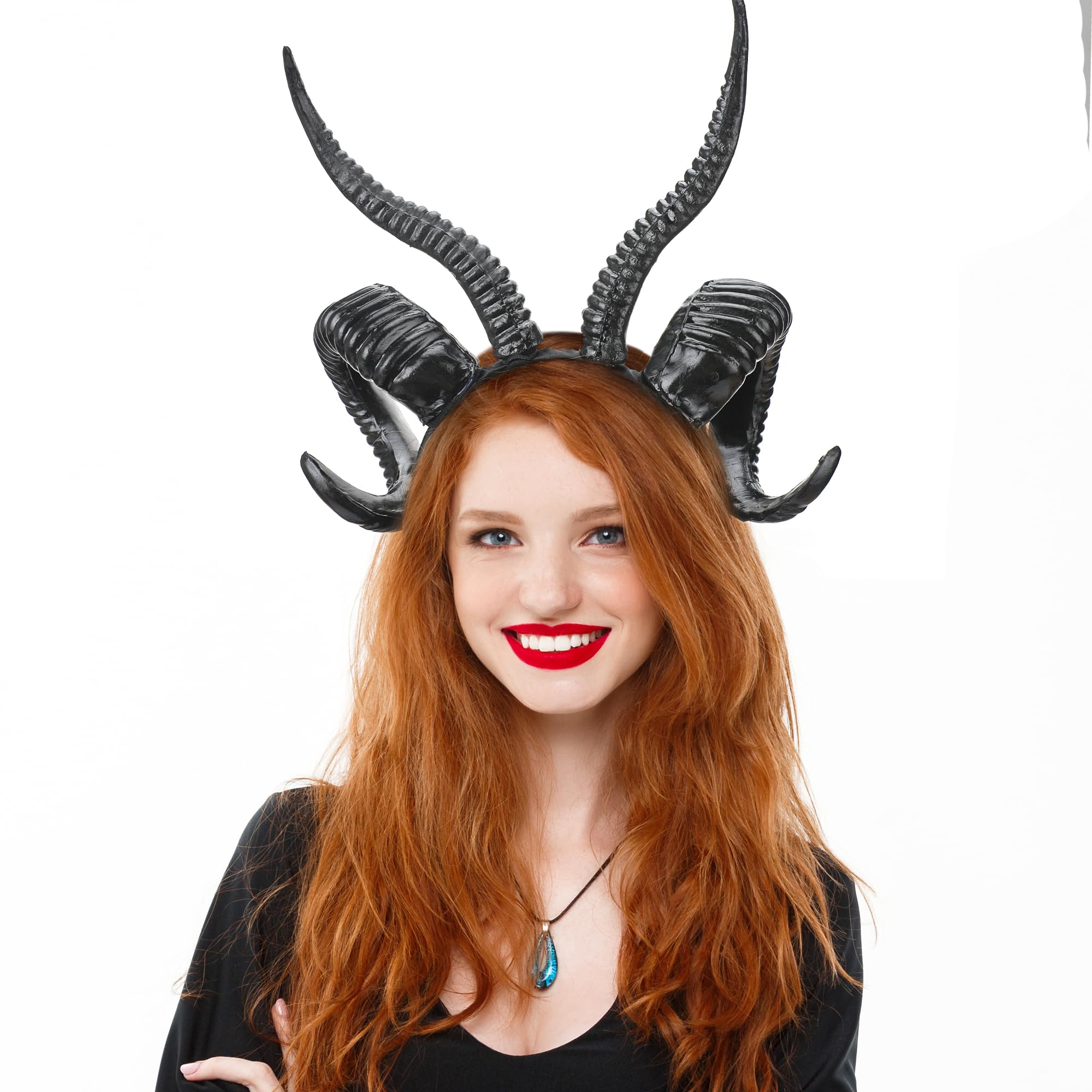 MOSTORY Schaf Teufelshörner Haar Stirnband für Karneval, Schwarz Widder Ziege Horns Kopfbedeckung für Renaissance Wikinger Party Cosplay