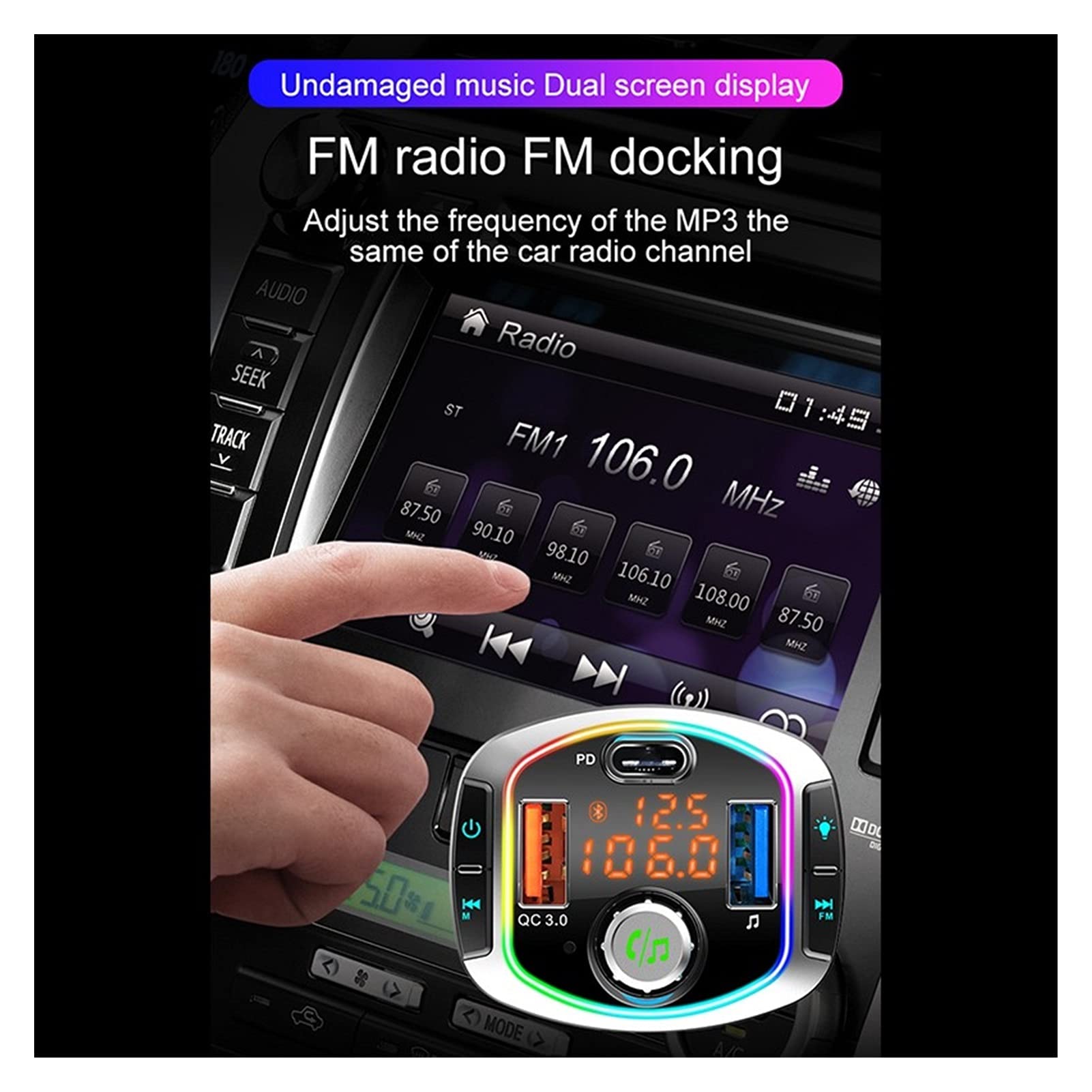 Adattatore Audio Bluetooth. Bluetooth 5.0 Kit for Auto Vivavoce Wireless FM. Trasmettitore Auto MP3. Giocatore con PD18W QC3.0. Caricabatterie for Auto a Carica Rapida