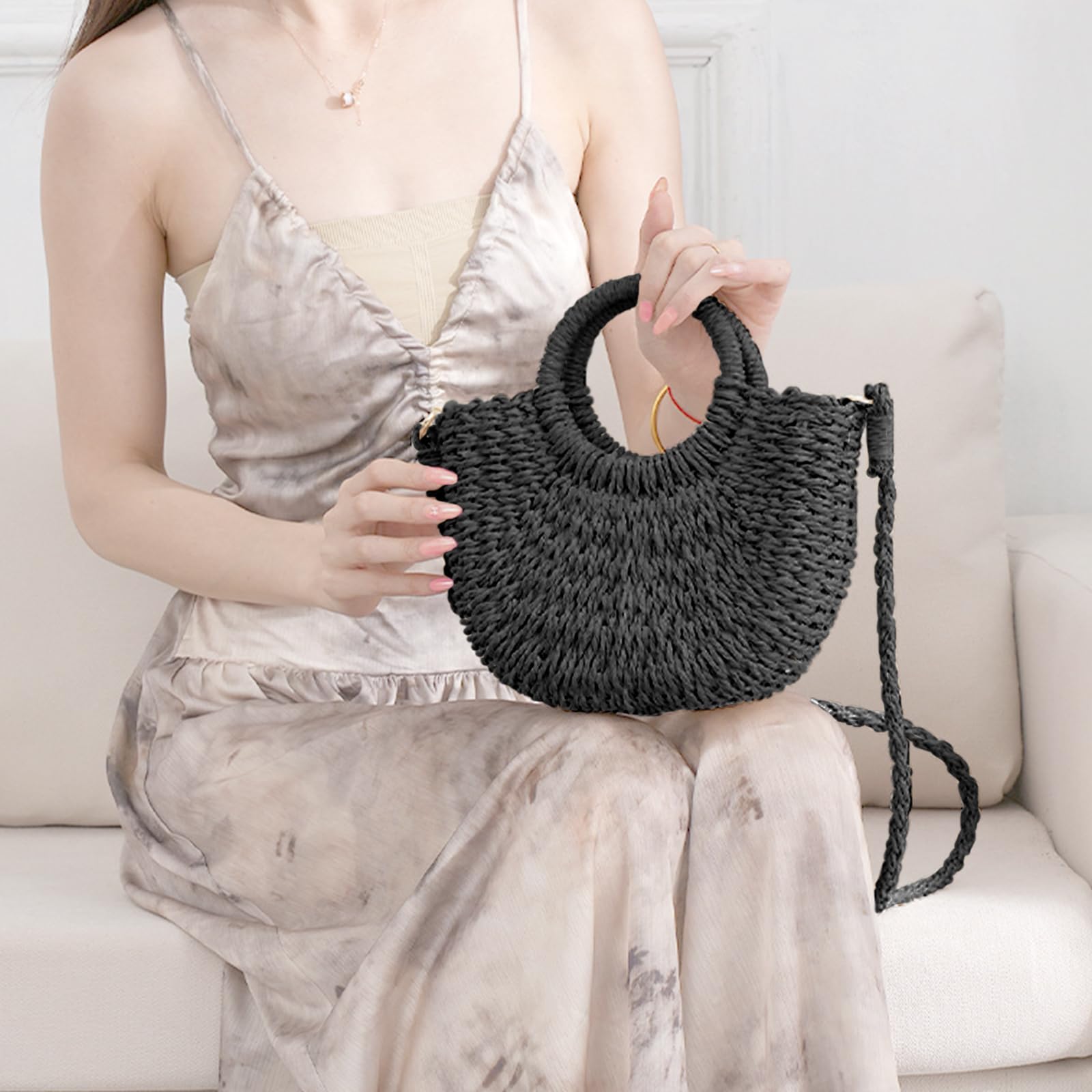 Mini Semi-circle Rattan Straw Bag, Hand-woven Women Summer Retro Beach Tote Shoulder Bag Crossbody Travel Beach Bag
