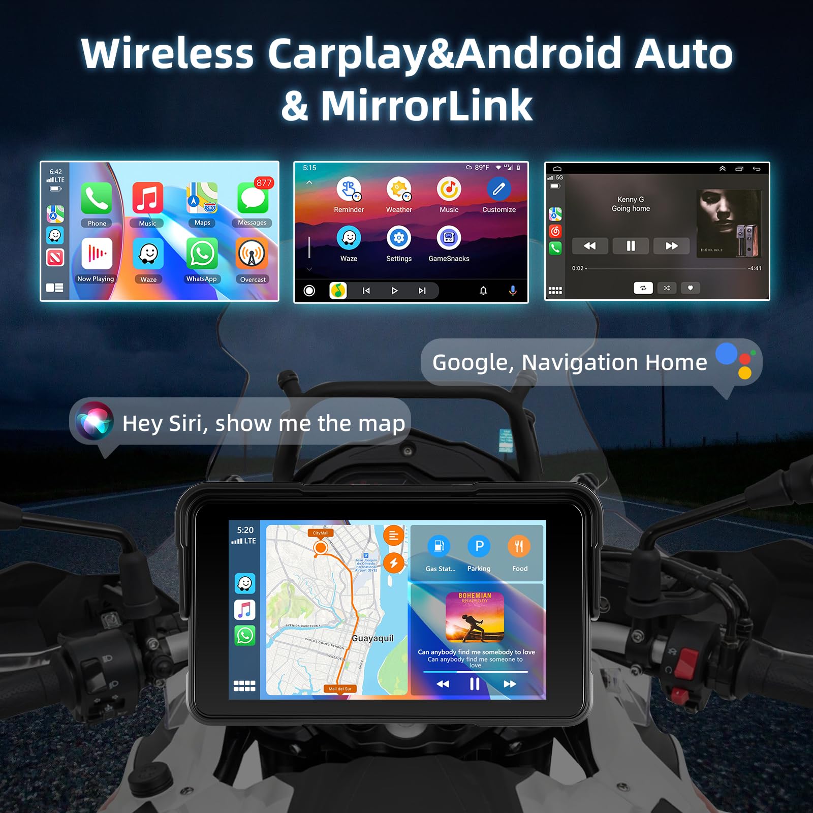 Schermo Carplay per Moto con Senza Fili CarPlay e Android Auto, Motorsi 5 Pollici Impermeabile Touchscreen, Doppio Bluetooth, Navigazione GPS, Siri/G00gle Assistente, Plug-and-Play