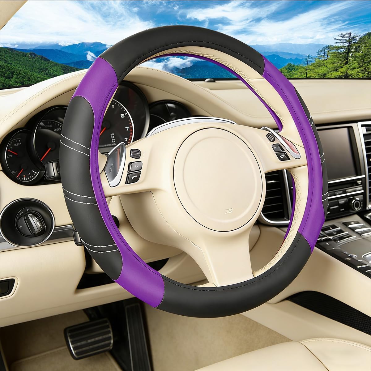 4PCS Car Accessories Set, 14.5-15 Inch Sporty Vehicle Steering Wheel Cover with Anti-Slip Lining, Automotive Interior Center Console Pad Seatbelt Cover, Universal for SUV Sedan Truck (Purple)