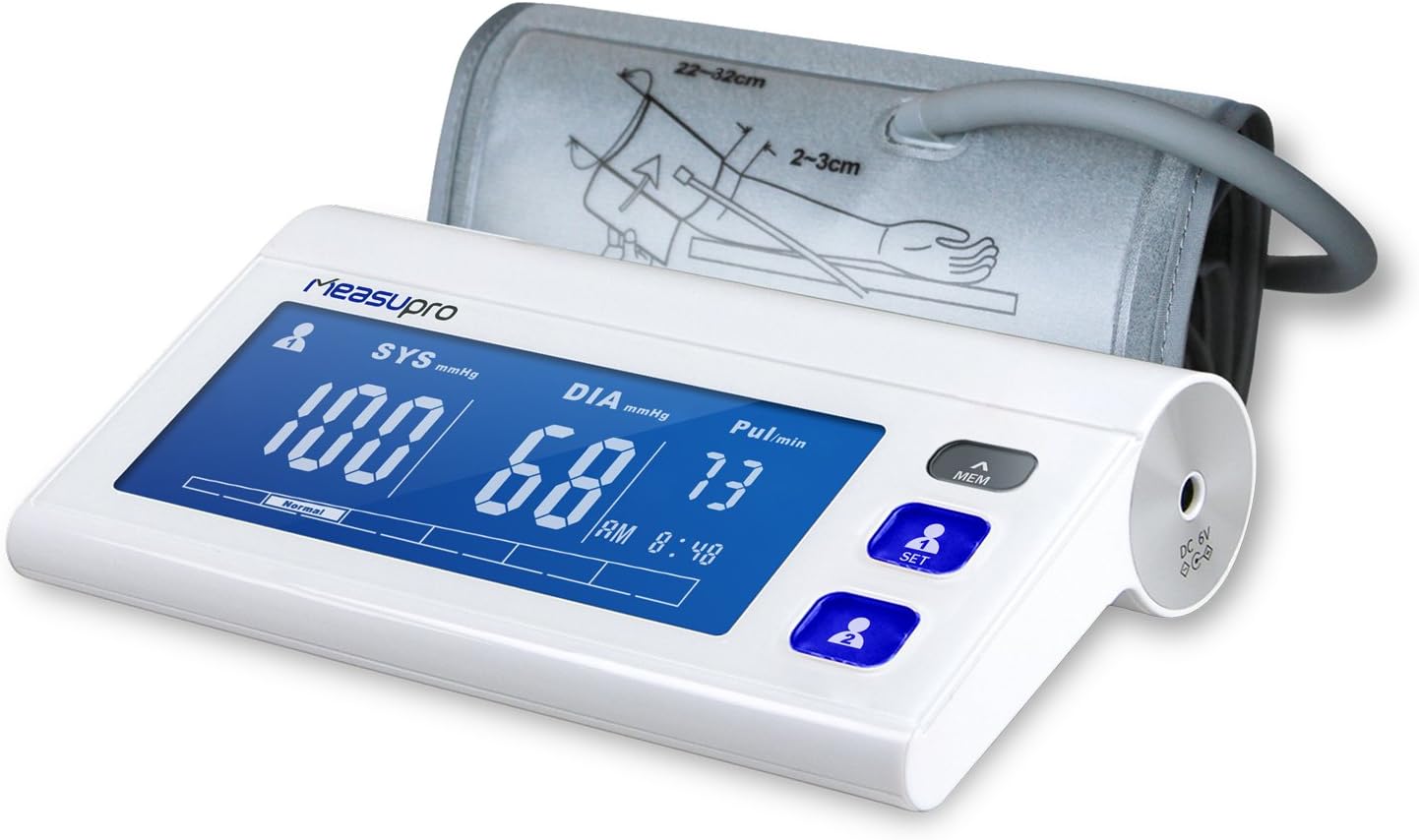 MeasuPro Arm Digital Blood Pressure Monitor with Heart Rate Detection, Hypertension Color Alert Display, Two User Modes, IHB Indicator, and Memory Recall
