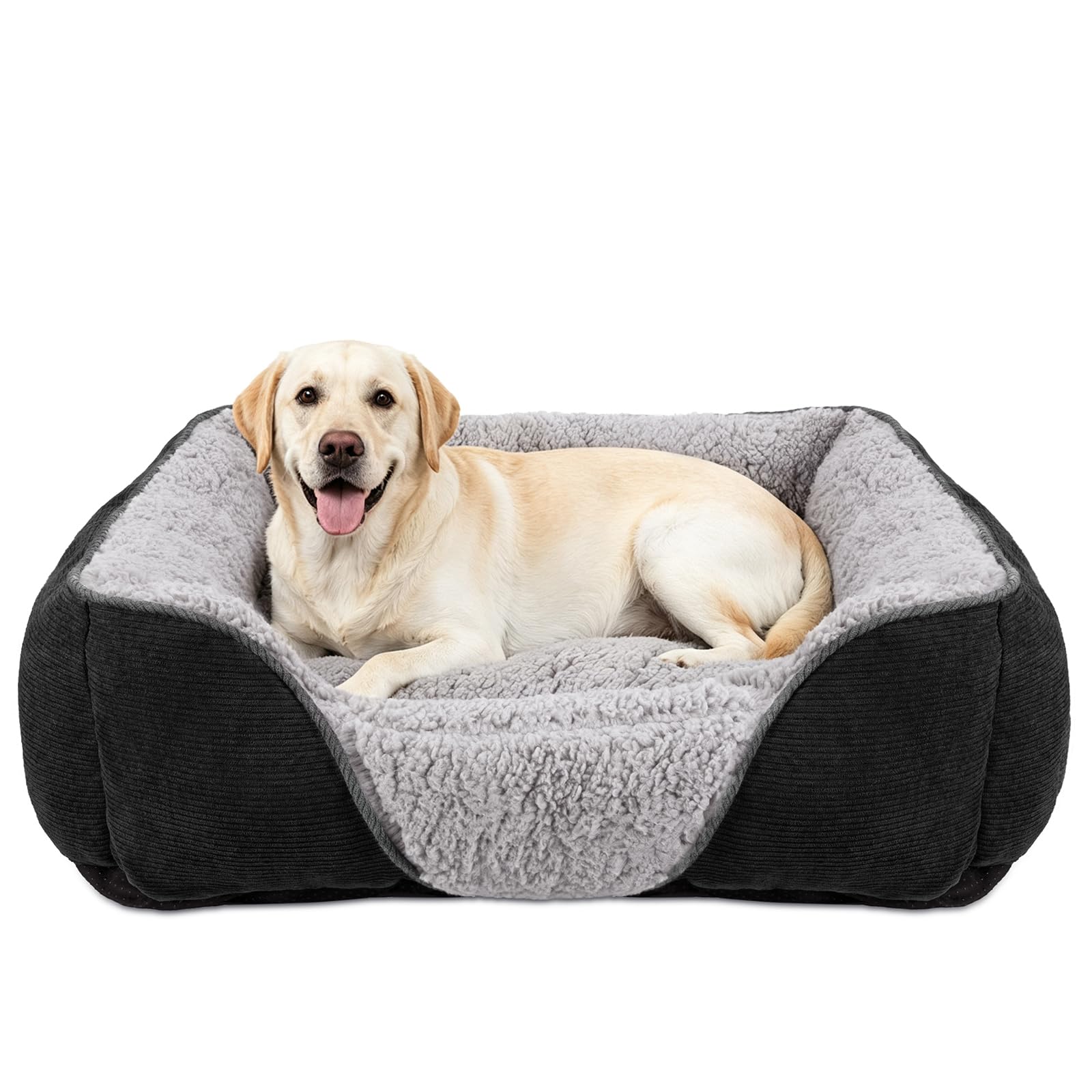 JOEJOY Large Dog Bed Pet Sofa Bed, Super Soft Comfy Wool Fleece Dog Bed with Striped Corduroy Design, Washable Bed For Border Collie, 76x61x23cm(Black)