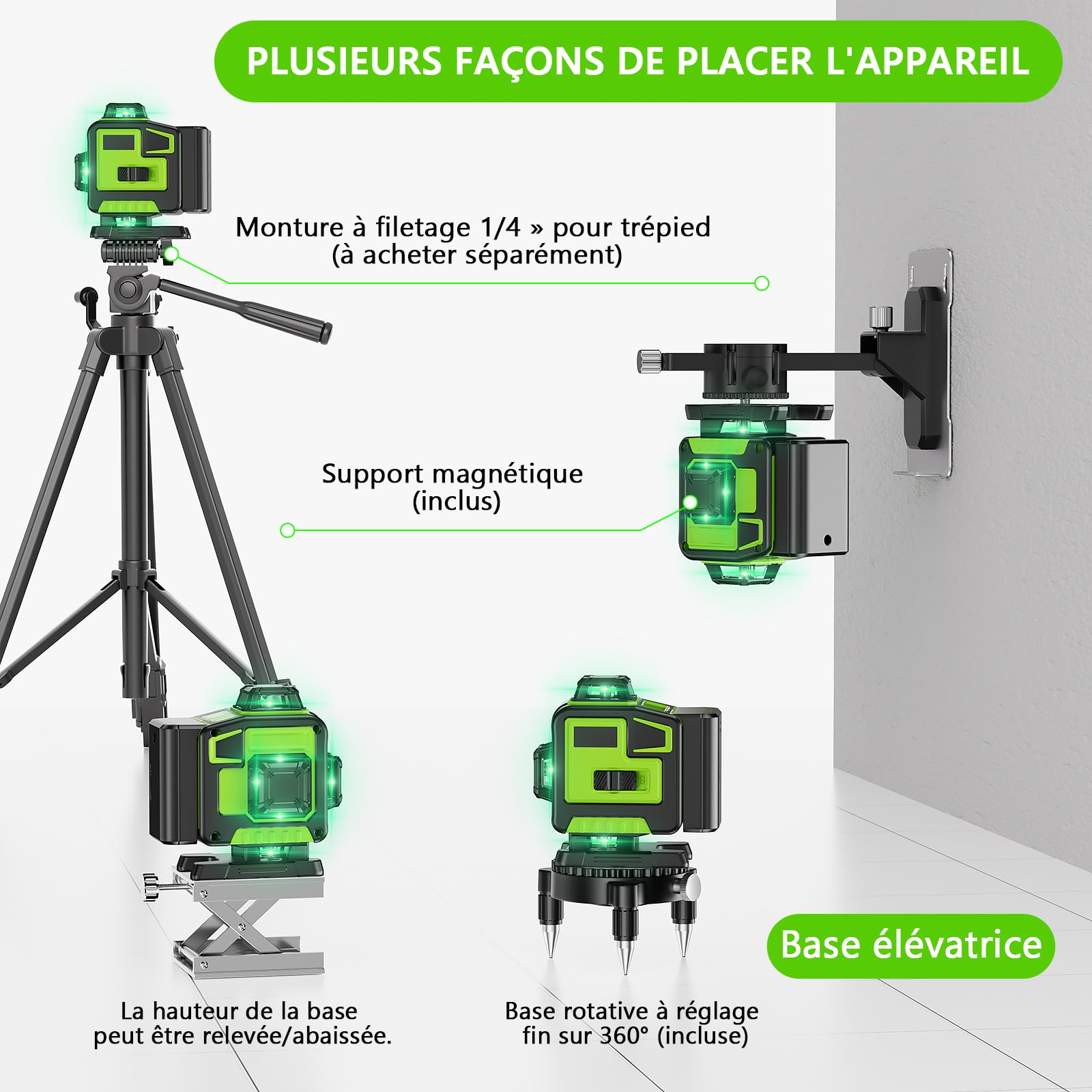 Niveau Laser Chantier Autonivelant 360° x 4, Lazer Niveaux 4D 16 Lignes Laser, Autonivellement et Mode Pulsé Extérieur, 2 x Batterie, Nivellement Automatique, Support Rotatif, Télécommande