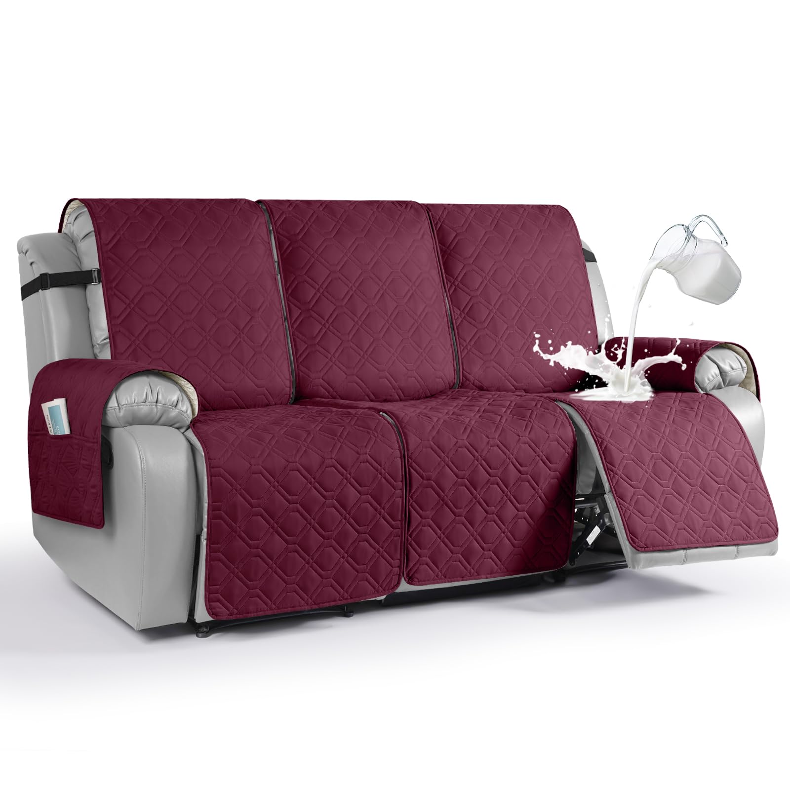 Funda impermeable para sofá reclinable de 3 plazas con correas elásticas color borgoña