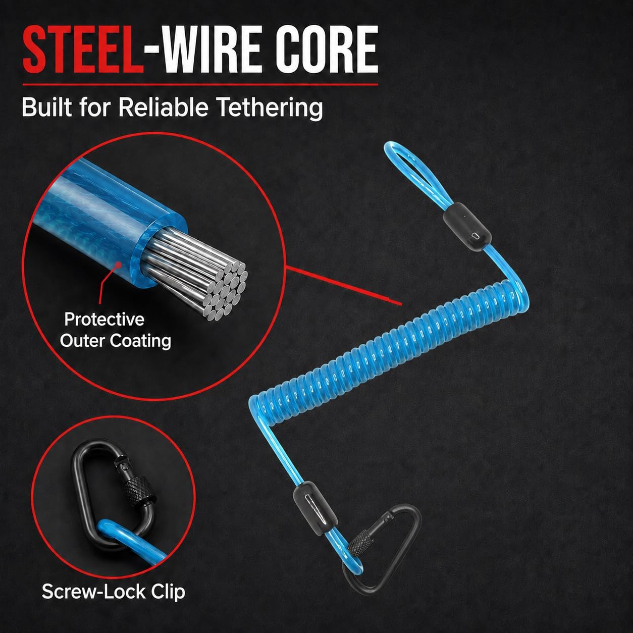 Coiled Fishing Lanyard with Carabiner, Steel Wire Tether 4.7"-59", Blue/Red