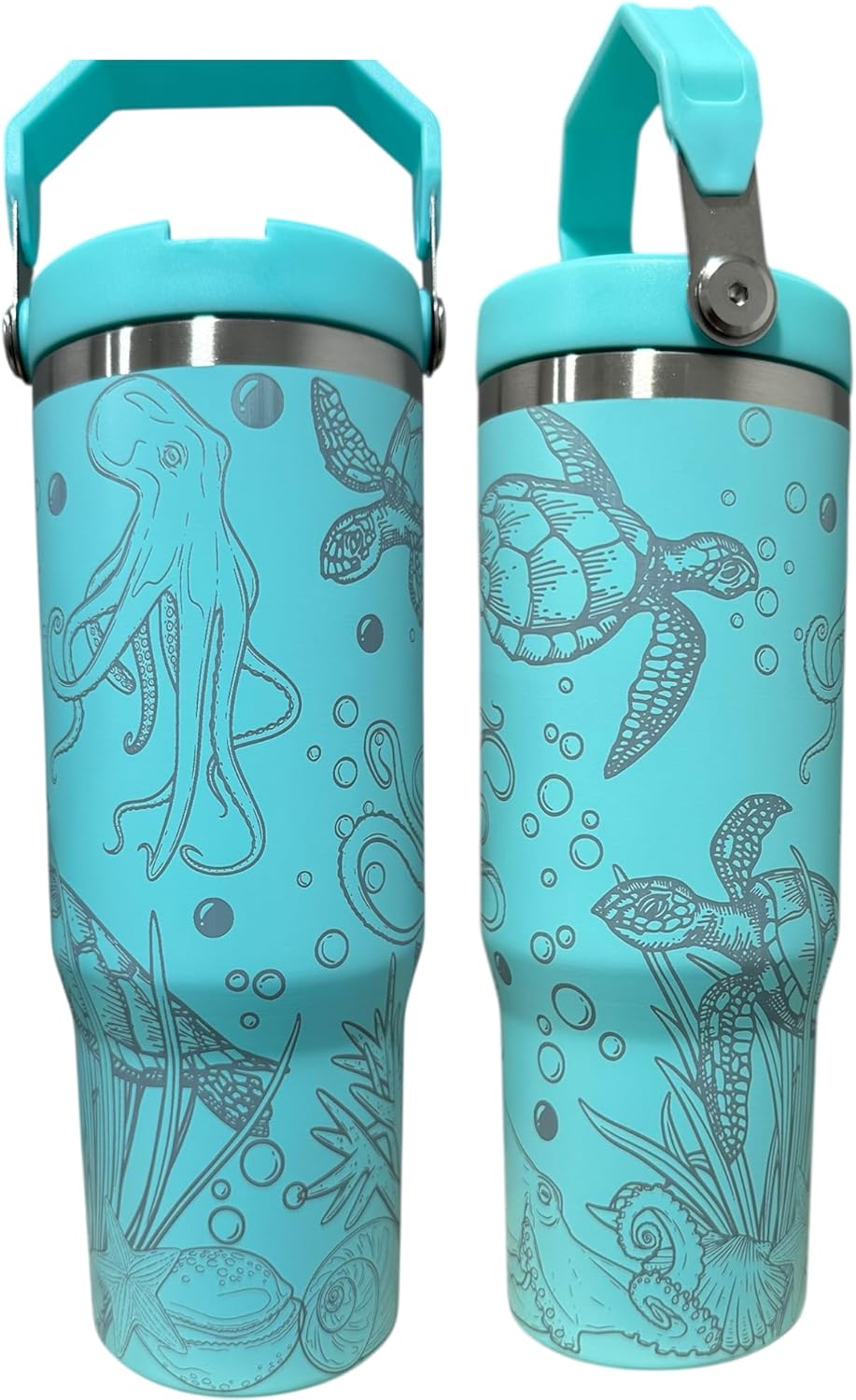 32oz Shark Theme Insulated Water Bottle – Stainless Steel Flip-Top Lid, Ocean Sea Life Design, Reusable Leakproof Sports Bottle (32oz Sky blue(74)-Sharks(J13))