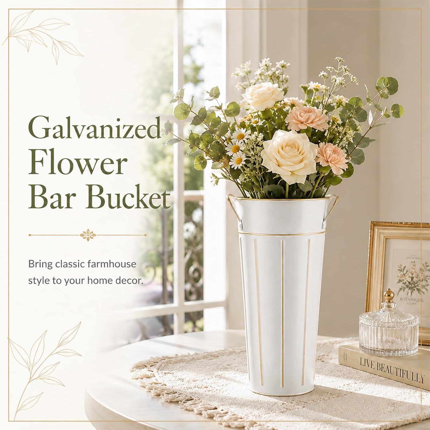 8 Pcs Galvanized Flower Bar Buckets with Handles, 11.8 Inch Tall Vintage Metal Flower Vase, Farmhouse French Bucket Floral Containers for Home Decor Wedding Centerpieces