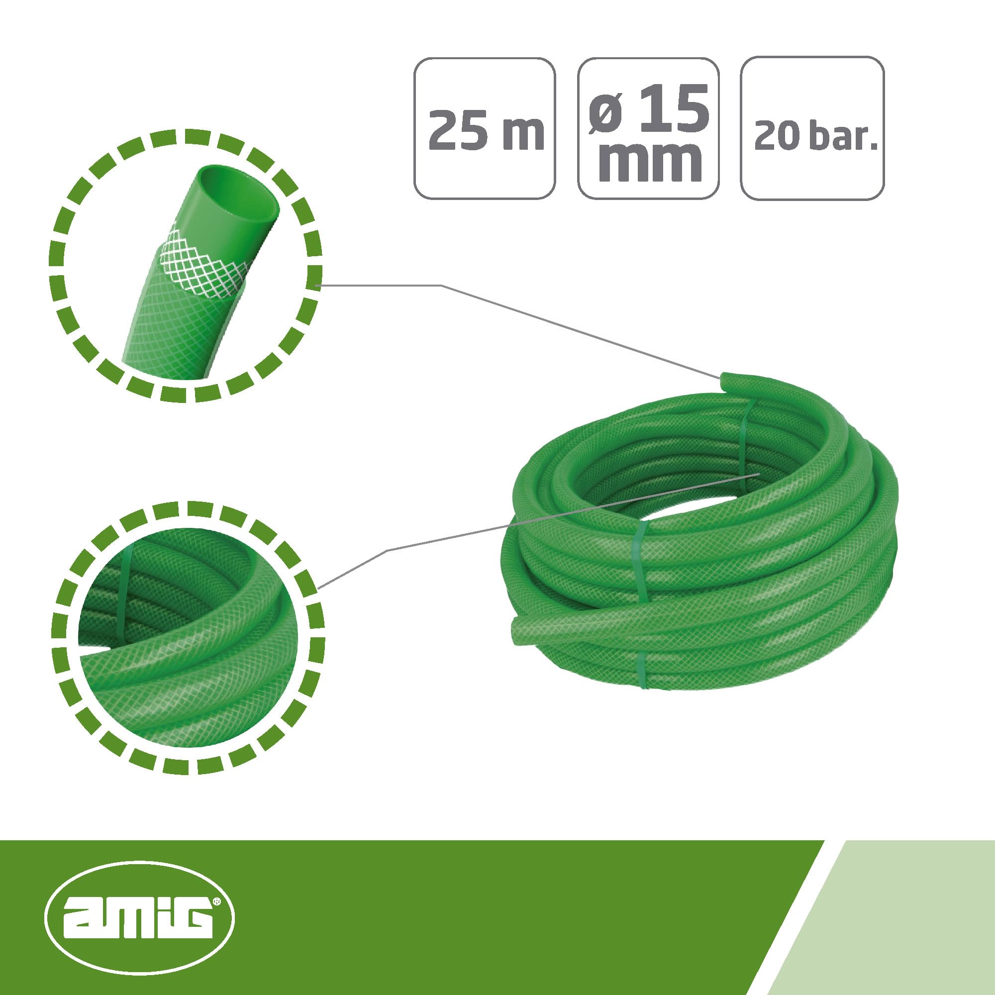 Amig - Tubo da giardino | 25 metri | Ø15 mm | Flessibile | Intrecciato |PVC | Colore verde