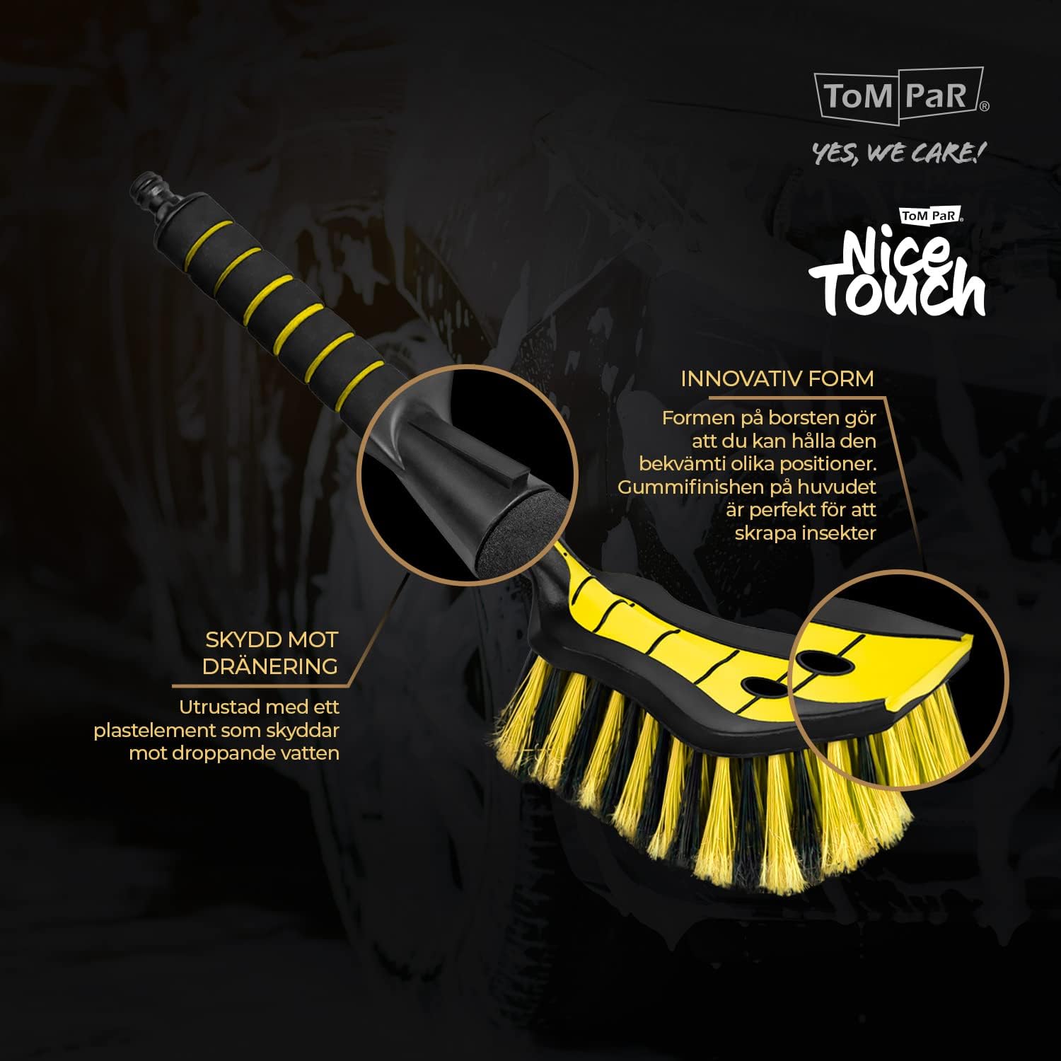 Car Wash Brush, Water Brush with Hose Connection, Car Wash Brush with Water Connection, Densely Arranged Bristles, Comfortable Handle, Length: 44 cm, Yellow
