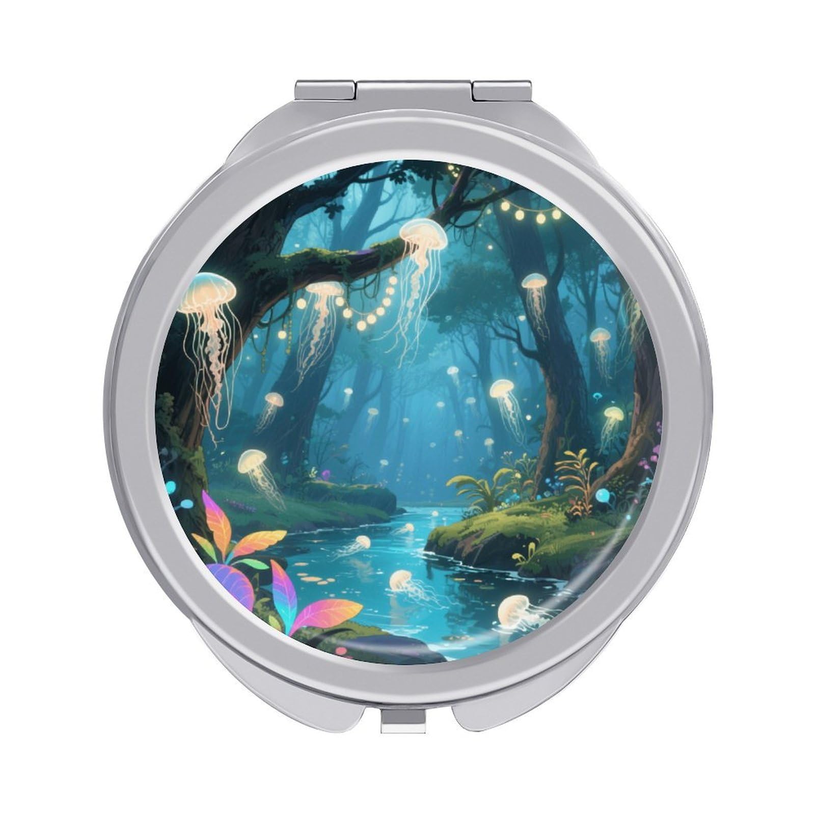 Fekiloot Style Jellyfish Forest Travel Makeup Mirror Handheld Compact Mirror Portable Pocket Mirror Double-Sided 1X/2X Magnifying For Handbag And Purses