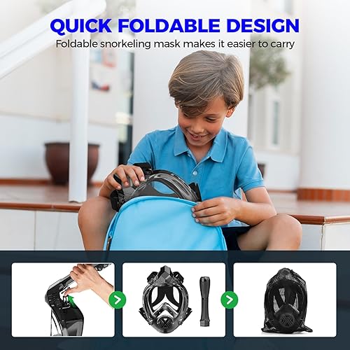 Miniatura 6 de Máscara de esnórquel de cara completa para adultos, equipo de esnórquel para niños, diseño antivaho y antifugas con vista panorámica de 180°,