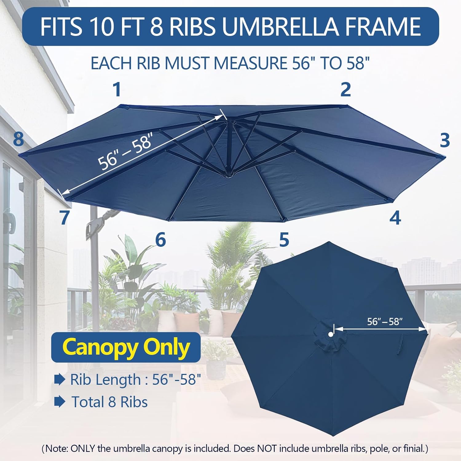 D&ONEHOS 10ft Cantilever Umbrella Replacement Canopy for 8 Ribs, Outdoor Offset Cantilever Umbrella Replacement Top Fit 10FT 8 Ribs, Canopy Top Only