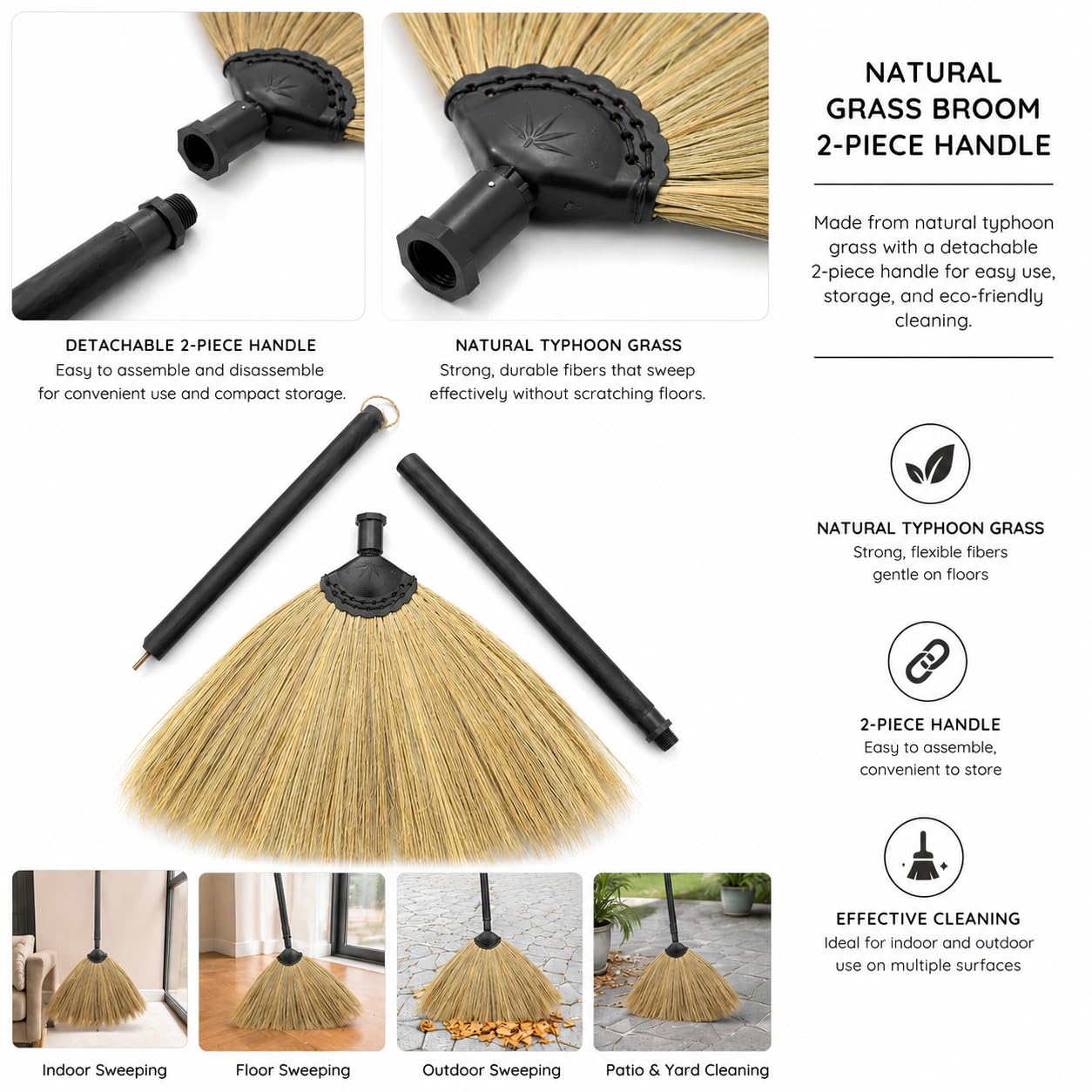 Scopa per erba con manico nero, 2 pezzi, scopa vietnamita fatta a mano in paglia con setole morbide per pavimenti interni, cucina, soggiorno e esterni