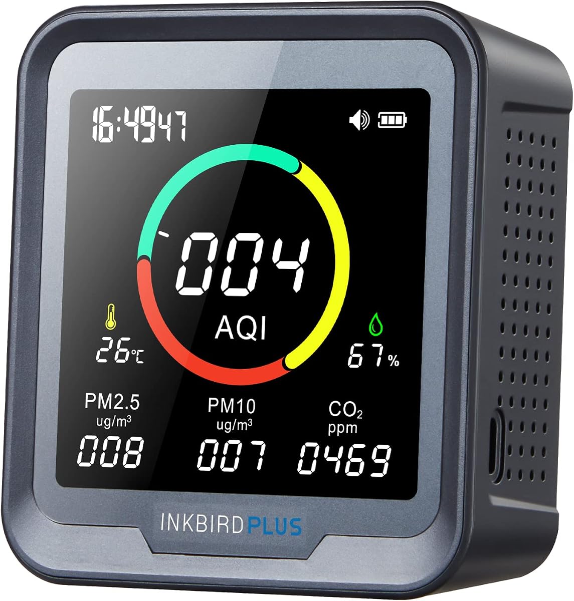 INKBIRDPLUS 6-in-1 Indoor Air Quality Monitor, CO2 Monitor in Home, Room | Detector for CO2, PM2.5, PM10, AQI, Temperature and Humidity for Rooms, Cellars, Grow Tents, Offices, etc. (PTH-9A)