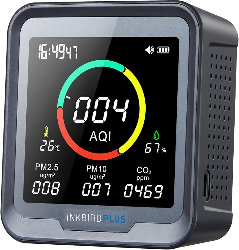 INKBIRDPLUS 6-in-1 Indoor Air Quality Monitor, CO2 Monitor in Home, Room | Detector for CO2, PM2.5, PM10, AQI, Temperature and Humidity for Rooms, Cellars, Grow Tents, Offices, etc. (PTH-9A)