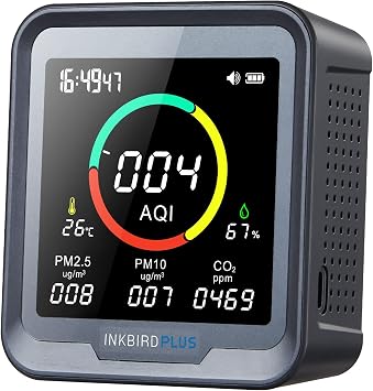 INKBIRDPLUS 6-in-1 Indoor Air Quality Monitor, CO2 Monitor in Home, Room | Detector for CO2, PM2.5, PM10, AQI, Temperature and Humidity for Rooms, Cellars, Grow Tents, Offices, etc. PTH-9A