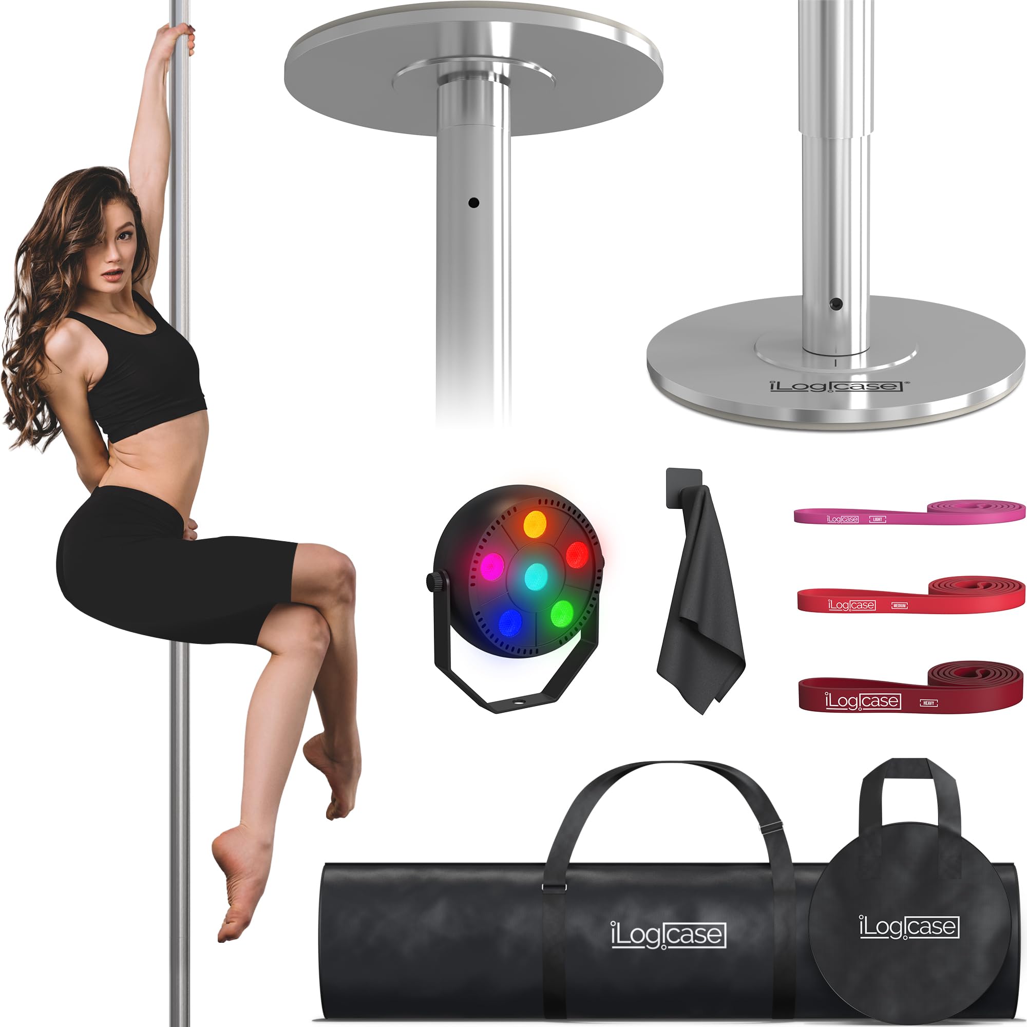 ILOGICASE Spinning Dancing Pole for Home | Portable and Heavy Duty 45mm Dance Pole Apartment Friendly, Adjustable Height 7ft to 11ft, w/Pole Conditioning Bands Set, LED Light and Carry Bags