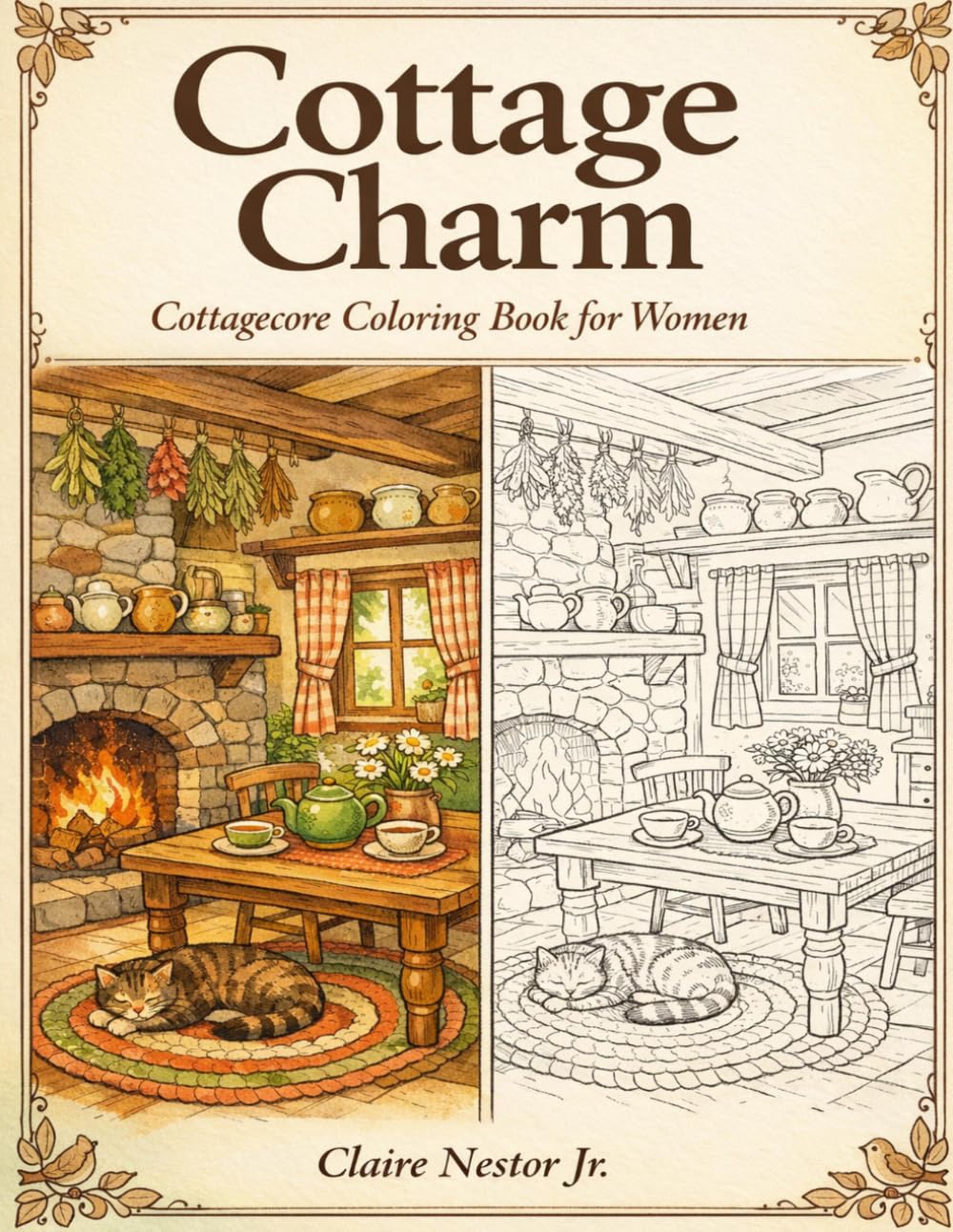 Cottage Charm Cottagecore Coloring Book for Women: Relaxing Country Kitchens, Reading Nooks, Bedrooms and Hygge Rooms with Easy Designs for Stress Relief