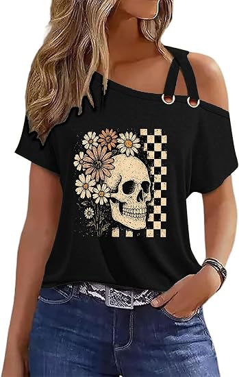 MQSVPUT Womens T Shirts Summer Cold Shoulder Tops Cute Boho Graphic Tee Criss Cross Casual Short Sleeve Shirts Tops