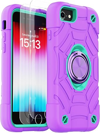 KCJ for iPhone SE Case 2022/2020, iPhone 8/7/6/6S Case, with [2Screen Protectors][Ring Stand] Soft Silicone+Hard PC Full Body Protection Heavy Duty Phone Case 4.7 inch