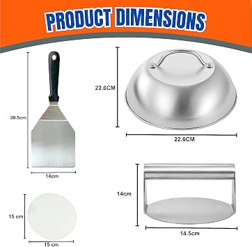 4Pcs Burger Press Kit with 15 Burger Smasher, 12 Griddle Spatula, 9 Cheese Melting Dome & 50 Wax Discs, 430 Stainless Steel Smash Burger Press Kit, Griddle Accessories Kit