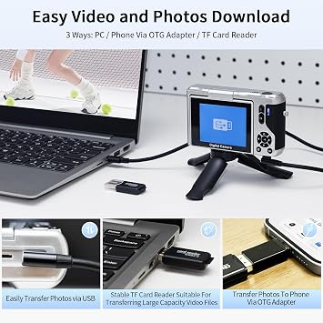 ARNSSIEN Digital Camera 4k, 180° Flip Screen, 16X Zoom,2.8 Screen,Silver
