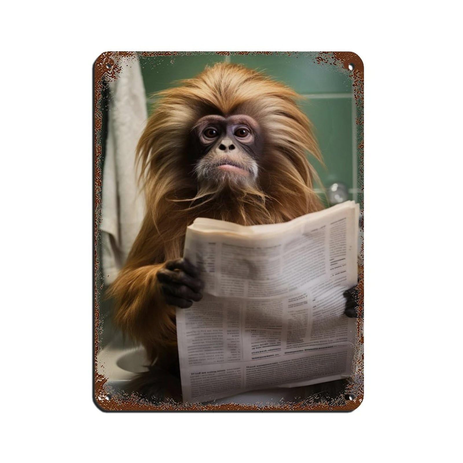 Tamarin Monkey Sitting on The Toilet Reading A Newspaper (6) Tin Sign Vintage Metal Pub Club Cafe Bar Home Wall Art Decoration Poster Retro 12x16inch(30x40cm)