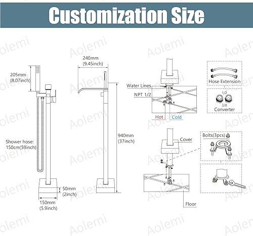 Miniatura 6 de Aolemi Grifo de bañera independiente para montaje en el suelo, con rociador de mano, mango único, grifos de baño de pie independientes, caño Mate