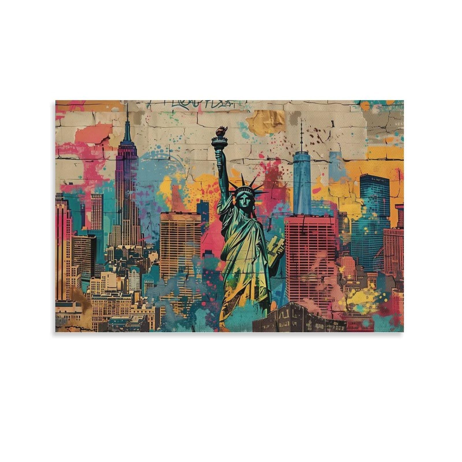 CPLVKWRQJ Statue of Liberty Individual NYC Skyline with Statue of Liberty Wall Art Pieces - Office Canvas Print Fade Resistant Wall Focal Art Ready to Hang 24x36inch(60x90cm)