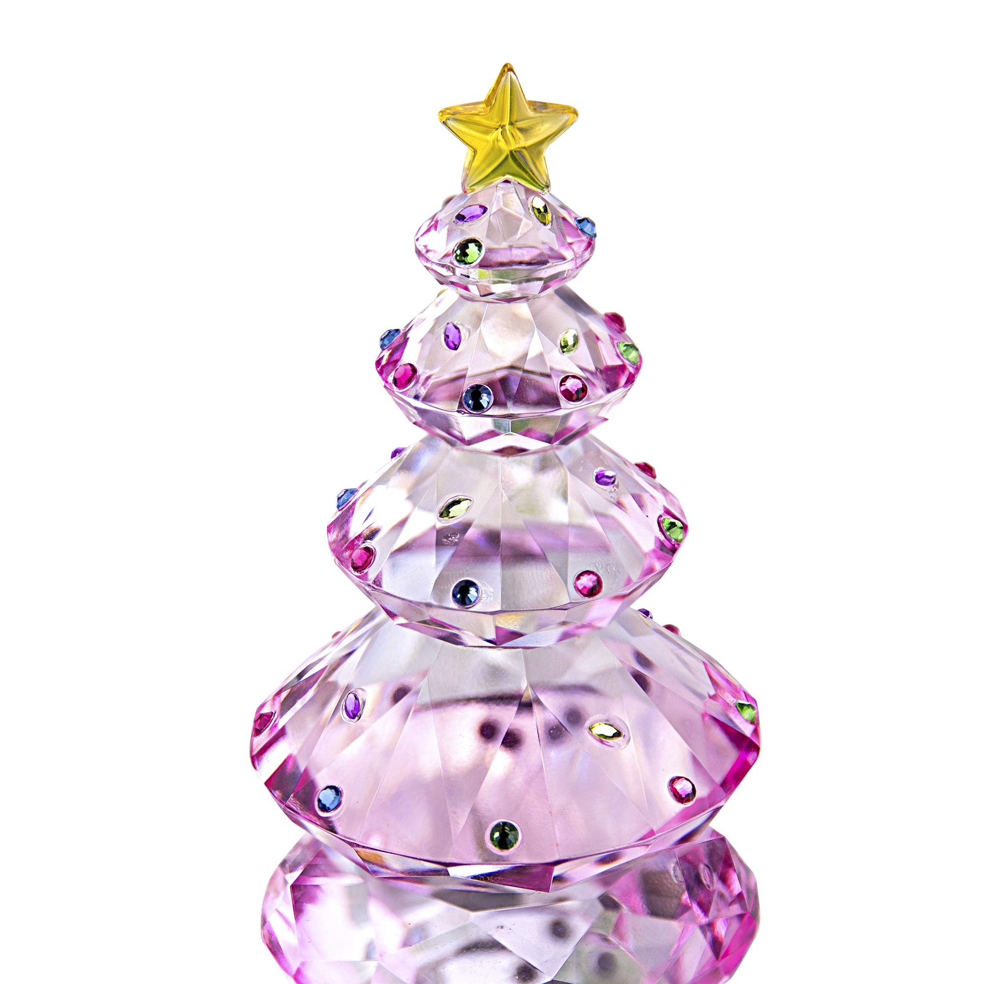 QFkris Crystal Christmas Tree Figurine 3.5" Glass Paperweight Table Ornament Christmas Holiday Creative Gift (Pink)