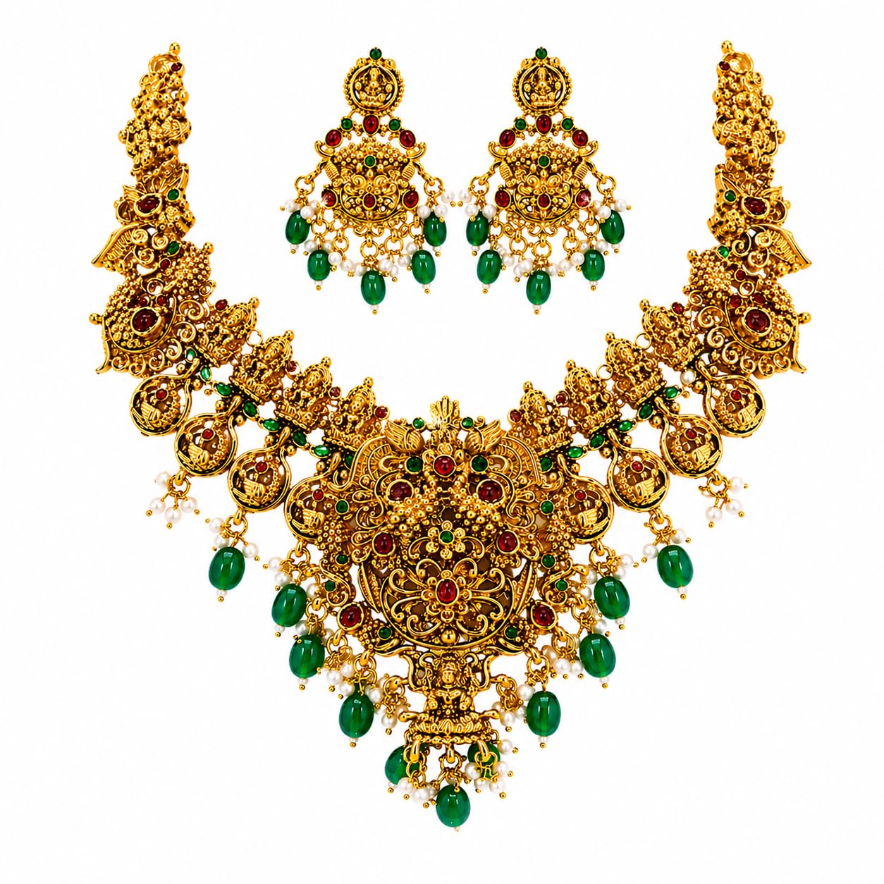 Gold Plated Temple Necklace Set for Women And Girls | Traditional Multicolor Stone & Green Bead Statement Jewelry with Earrings | NL1000603GLD-image-48