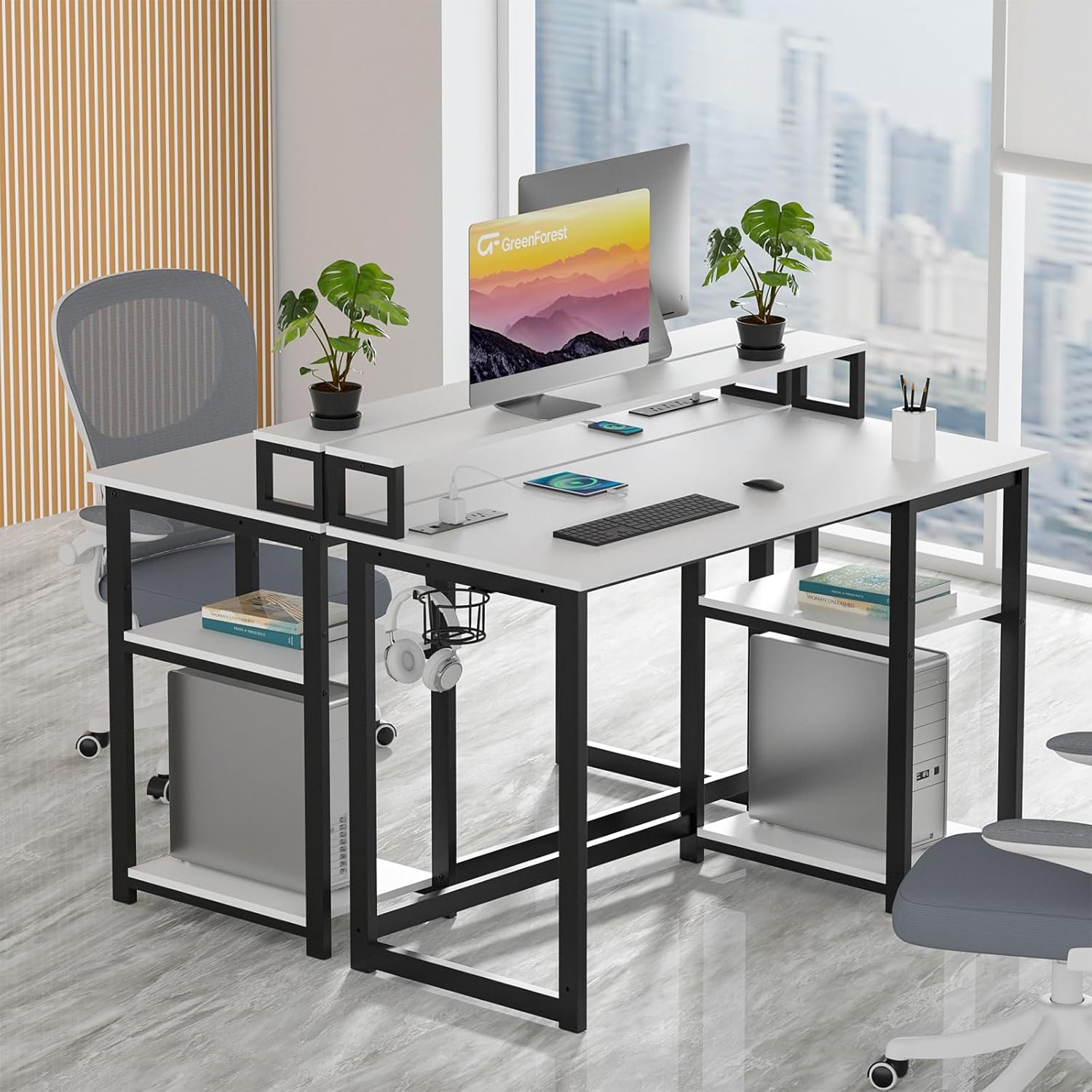 GreenForest 40 inch Home Office Desk with Power Outlets, Small Computer Desk with Ergonomic Monitor Stand, Reversible Gaming Desk, Modern Study Desk, Laptop Desk, White