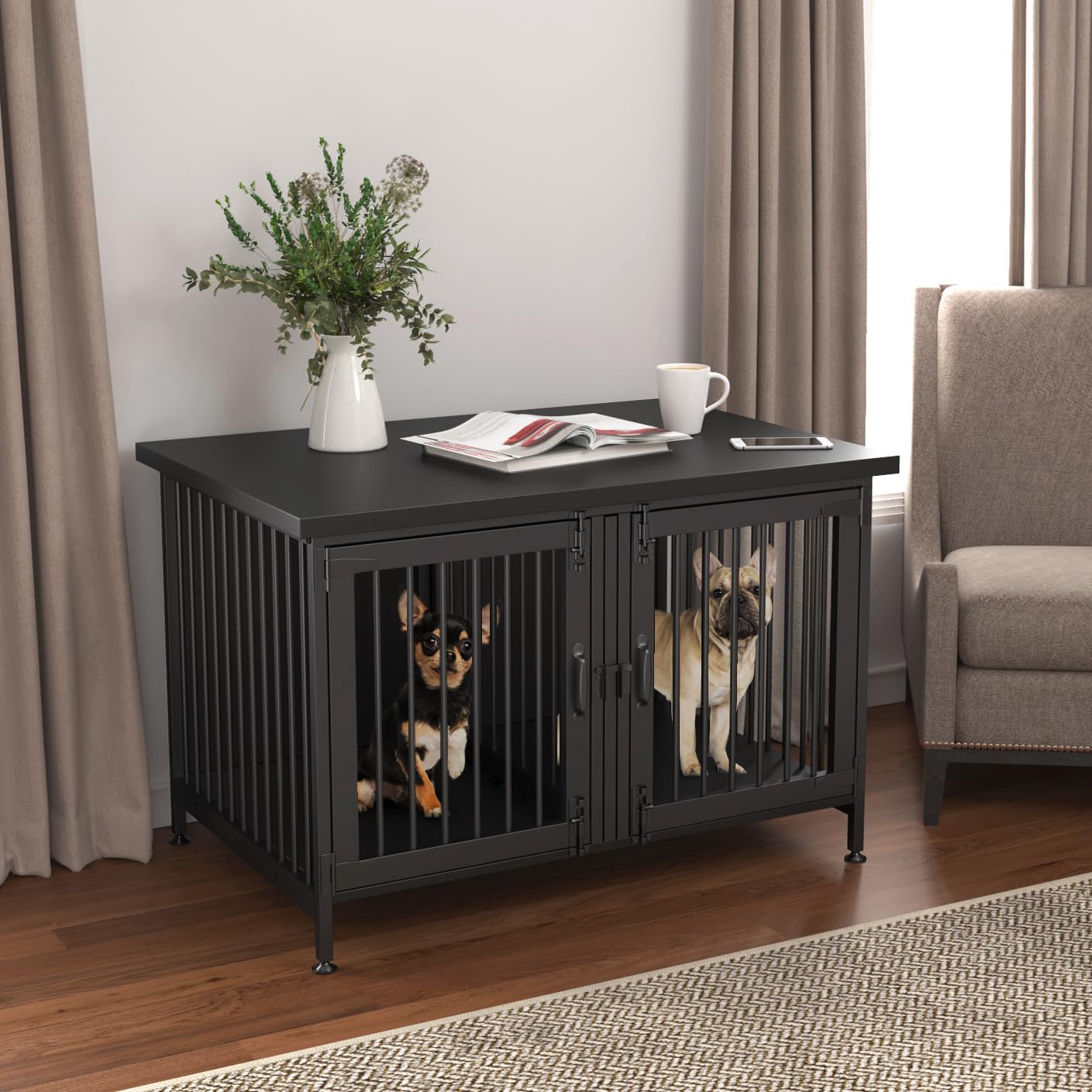 GDLF Double Dog Crate with Divider for 2 Small or 1 Dog, Furniture Style Kennel Indoor Cage with Removable Panel (Int.dims:36.2”Wx24.5”Dx21”H), Black