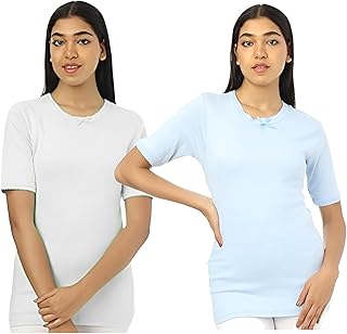 طقم فانلة بقصة عادية نصف كم برقبة دائرية 2 قطعة للنساء من دهب