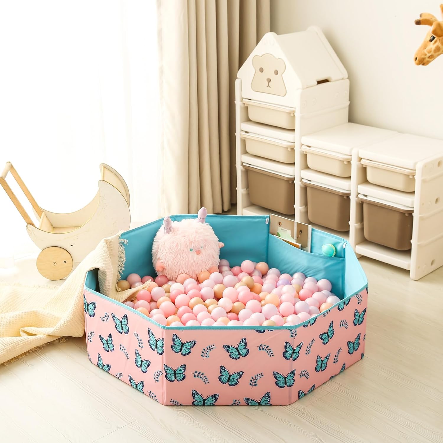 GOGOSO Foldable Ball Pit for Toddlers Large Soft Indoor Outdoor Pop Up Baby Kids Infant Ballpit Big Collapsible Puppy Dog Cat Pits with Basketball Hoop (Balls Not Included) Butterfly