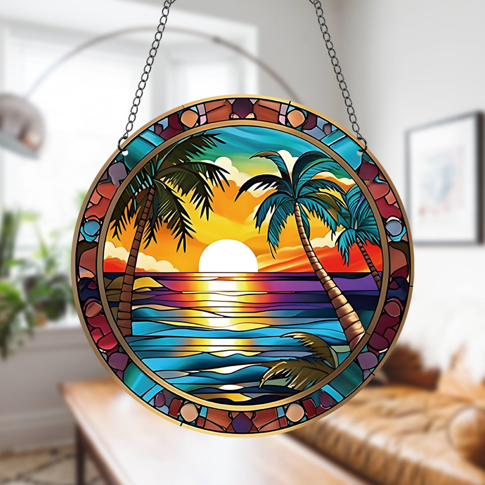 11.8 Inches Large Sea Coconut Trees Acrylic Window Hanging Decor Seascape Sunrise Wall Art Mural Suncatchers for Bedroom Office Garden Wall Decoration