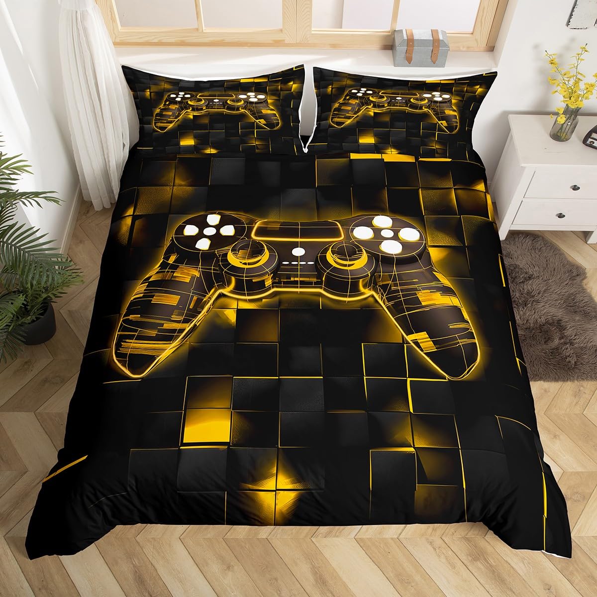 Homewish Geometric Gaming King Duvet Cover with 2 Pillowcases - Teen Boy Gamer Bedding Set Kids Game Room Decor - Golden Abstract Check Grid Quilt Cover Modern Gamepad Pattern Bed Sets Black โ image 1