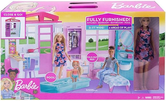 Barbie Doll and Dollhouse, Portable One-Story Playset with Pool